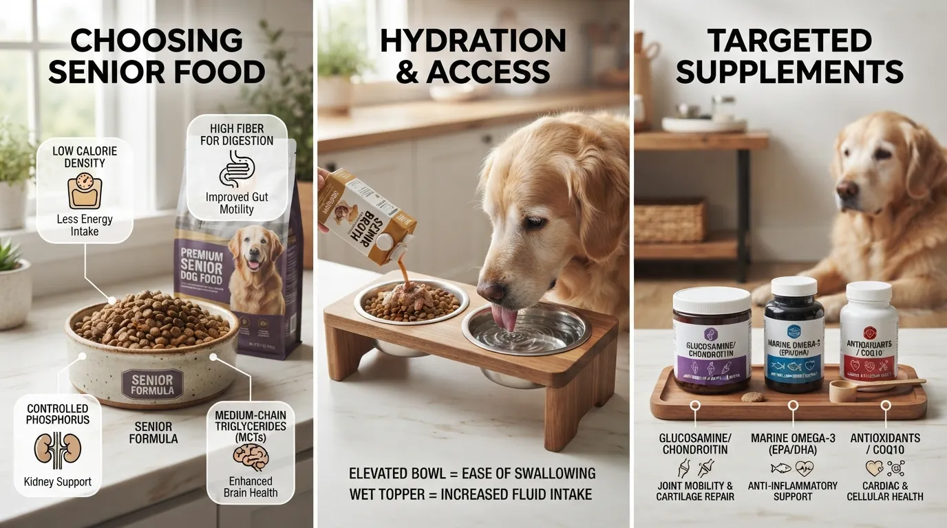 An infographic detailing senior dog nutrition, showing balanced senior food portions, hydration strategies, and key joint supplements like glucosamine and omega-3s.
