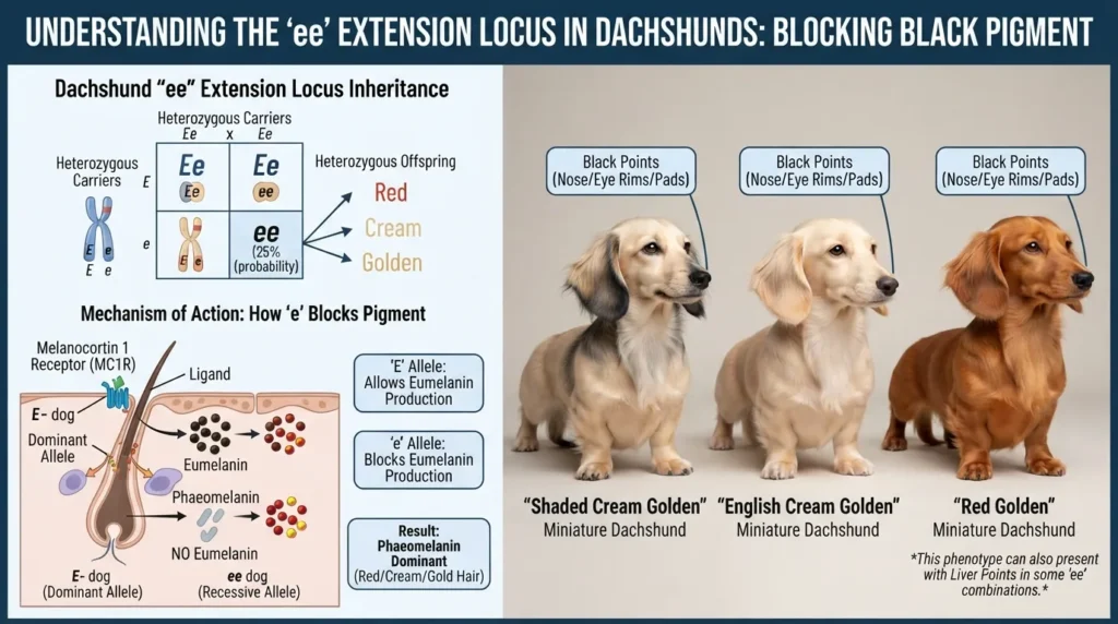 Infographic detailing the genetic inheritance of a golden mini dachshund, showing how recessive ee genes mask dark pigment to create cream and red coat colors.