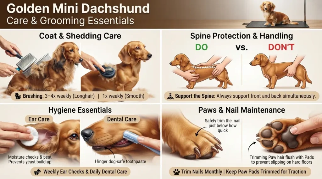 Side-by-side breakdown of golden mini dachshund grooming needs showing coat brushing for longhair vs smooth coats, nail trimming, ear cleaning, and spine care positioning.