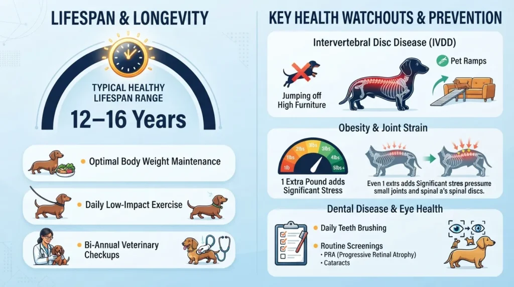 A visual guide to golden miniature dachshund lifespan, highlighting IVDD spine care, obesity prevention, eye health, and key preventative wellness tips.