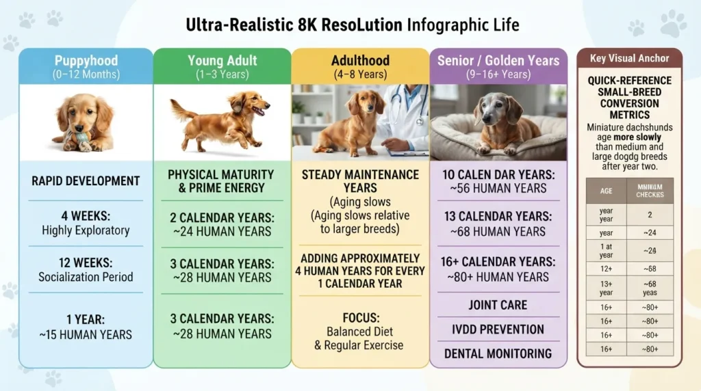 Golden Miniature Dachshund life stages conversion chart showing age progression from puppyhood to senior years with equivalent human age milestones