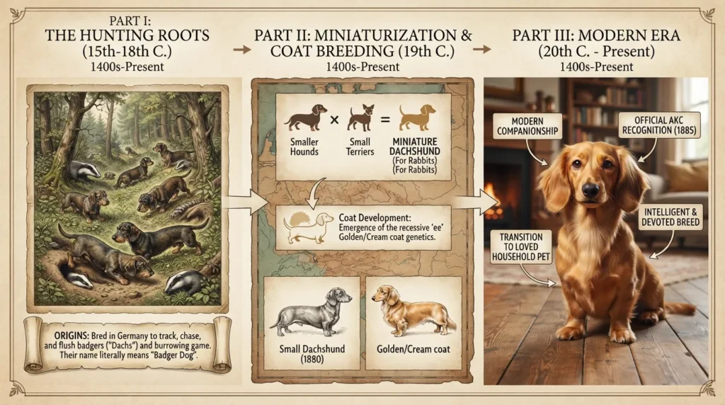 Historical timeline graphic showing the origin of the miniature Dachshund in 15th-century Germany as a badger hunter, evolving into the golden and cream coat variants bred for companion pets.