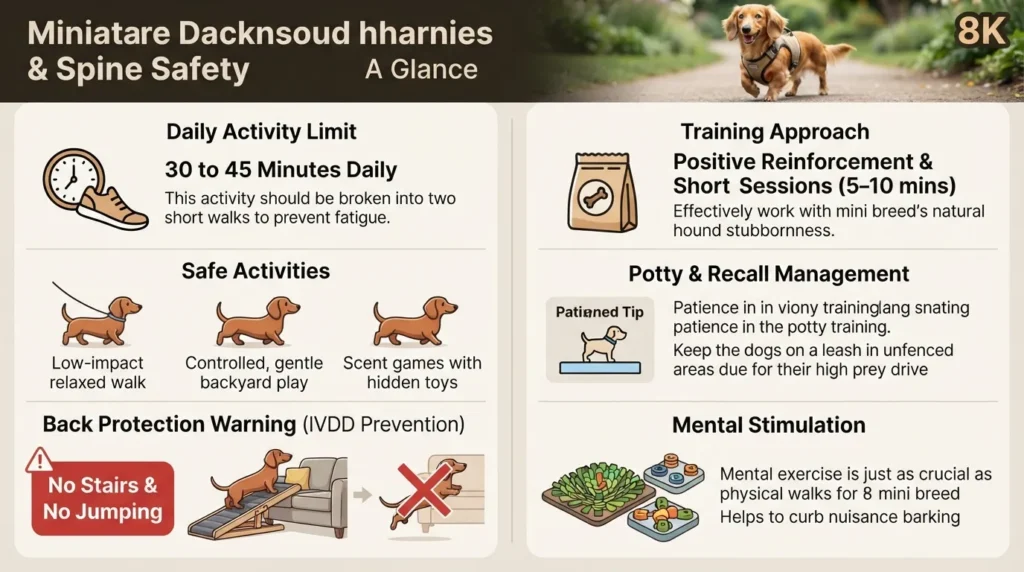A visual infographic summarizing exercise, daily walking needs, back-safe activities, and positive reinforcement training tips for a golden mini dachshund.