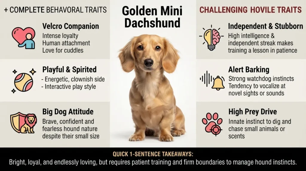 Infographic detailing golden mini dachshund temperament traits including high affection, playful energy, stubborn streak, strong prey drive, and alertness.