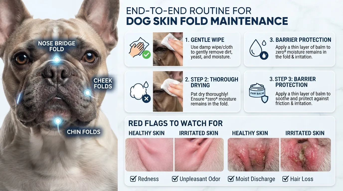 Step-by-step guide for cleaning and maintaining a dog's facial skin folds to prevent infection and moisture buildup.