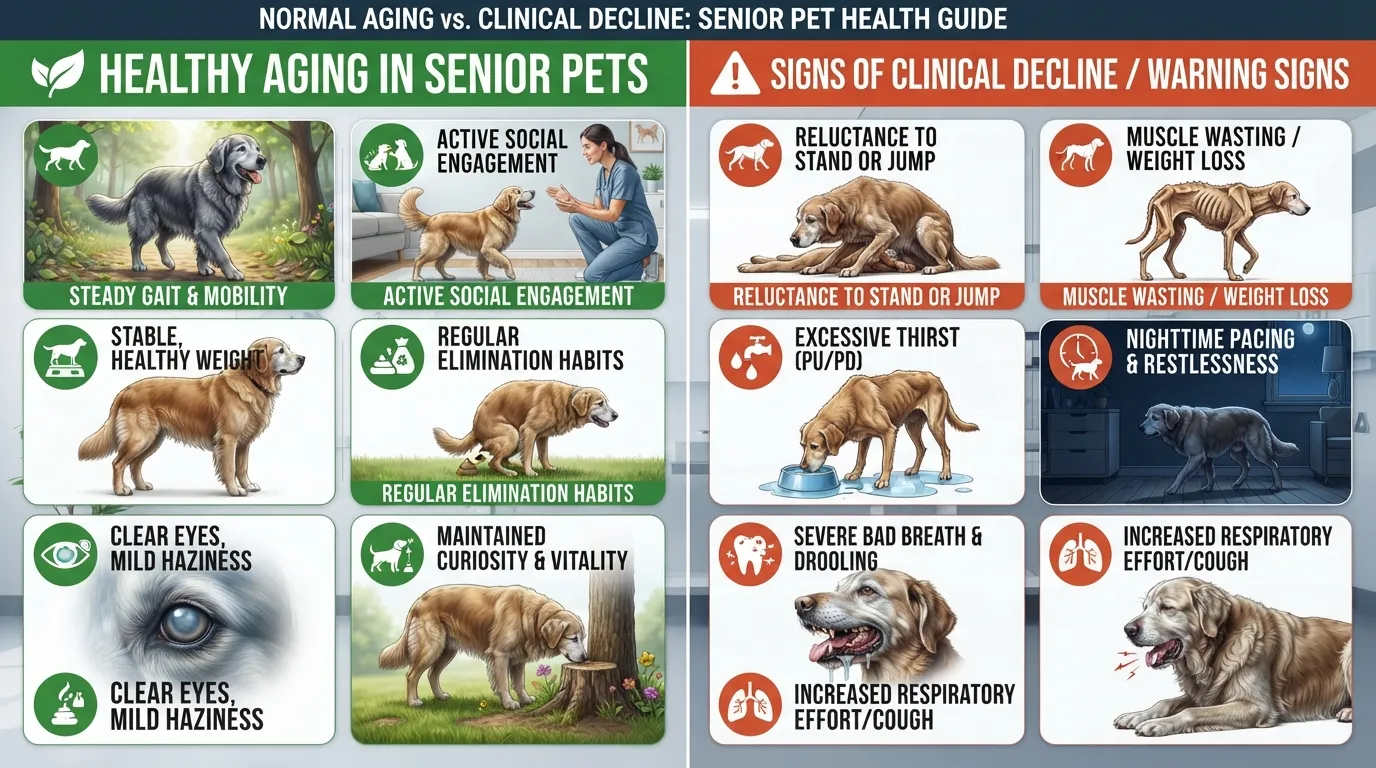 A side-by-side visual comparison chart showing signs of healthy aging in senior dogs on the left versus warning signs of physical and cognitive decline on the right.