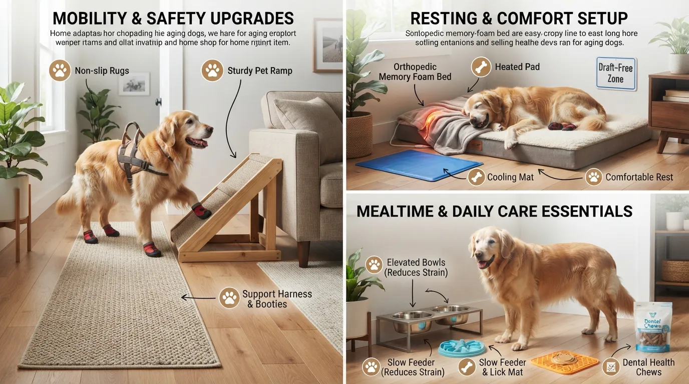 An infographic detailing home modifications and essential products for senior dogs, including non-slip rugs, orthopedic beds, ramps, elevated bowls, and temperature control accessories.