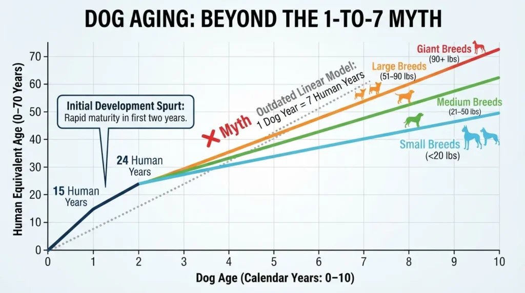 Line graph showing how dog years work over time, illustrating rapid aging during the first two years compared to human years across small, medium, large, and giant dog breeds.