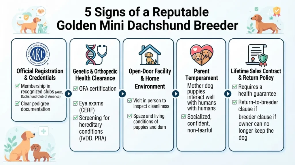 Checklist graphic detailing five key steps to vetting a reputable golden mini dachshund breeder, including AKC registration, health testing, home visits, parent dog interaction, and lifetime contracts.