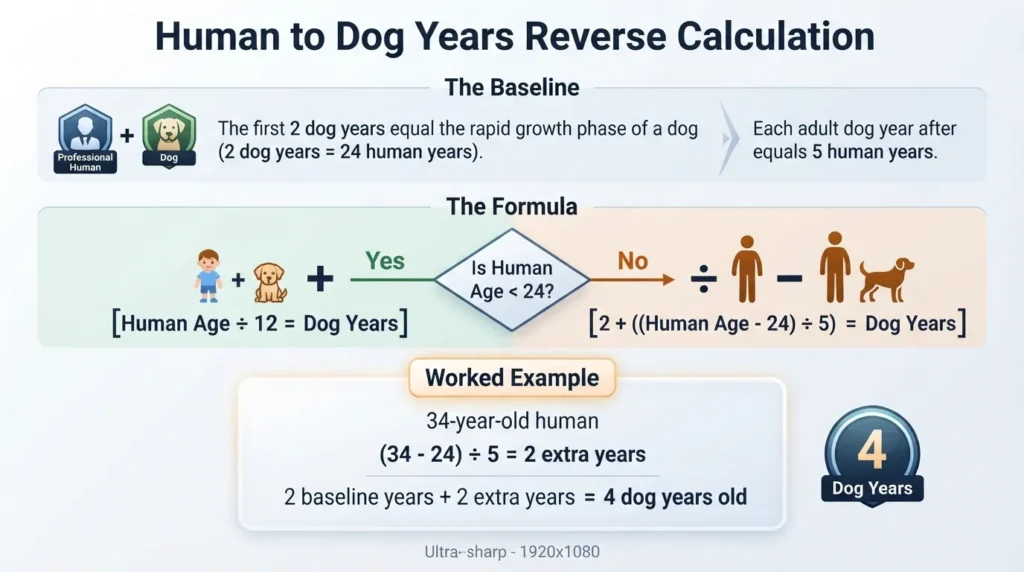 Infographic showing how to convert human age to dog years using a simple reverse calculation step-by-step formula and real-life examples
