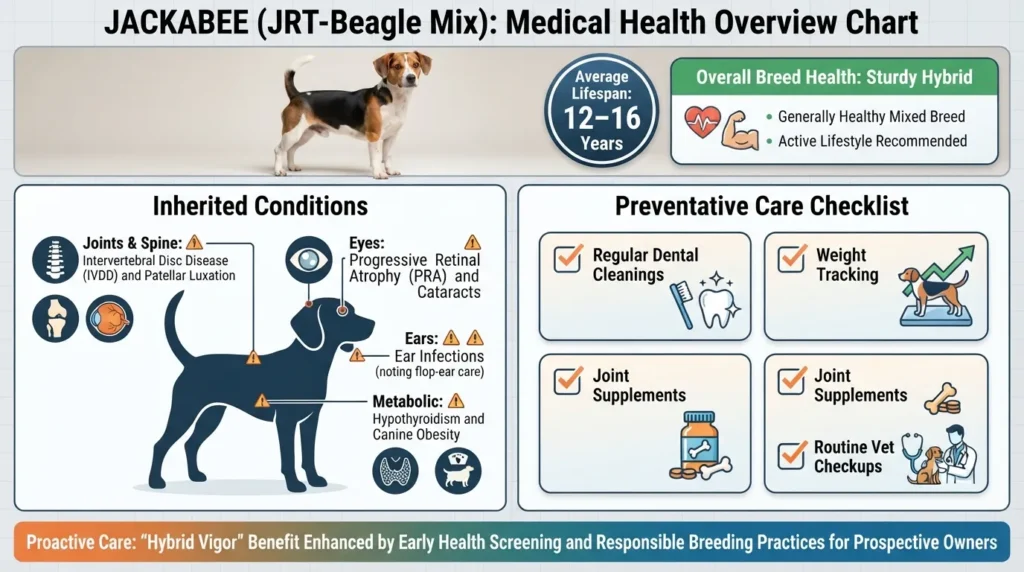 Comprehensive health breakdown infographic for a Jack Russell Beagle mix showing lifespan, common hereditary health conditions, and preventive care tips.