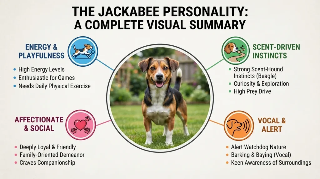 An infographic diagram illustrating the core temperament traits of a Jackabee, including high energy, playful nature, scent-driven curiosity, and affectionate family loyalty.
