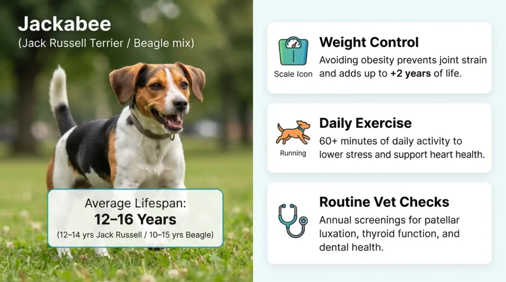 An infographic chart showing the 12 to 16 year average lifespan of a JRT Beagle Mix alongside three key health factors: weight management, exercise, and veterinary care.