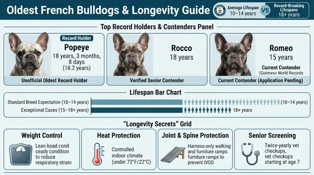 Infographic detailing the oldest French Bulldogs on record including Popeye and Rocco, current contenders like Romeo, average lifespan metrics, and top longevity care tips.