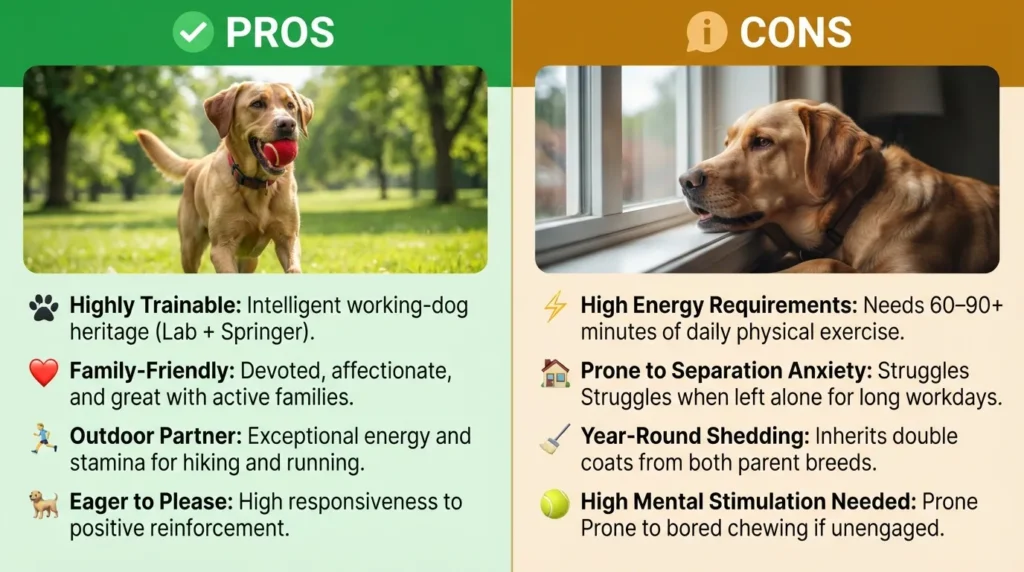 Side-by-side comparison chart showing the major pros and cons of owning a Springador (Springer Spaniel Labrador mix).