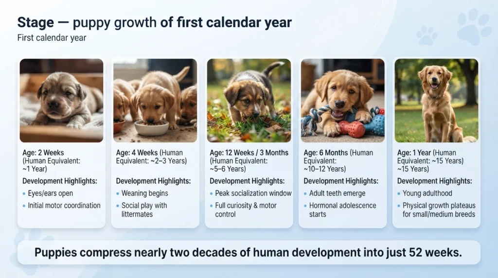 Infographic chart illustrating when small, medium, large, and giant dog breeds enter senior dog age in human years alongside key health warning signs.