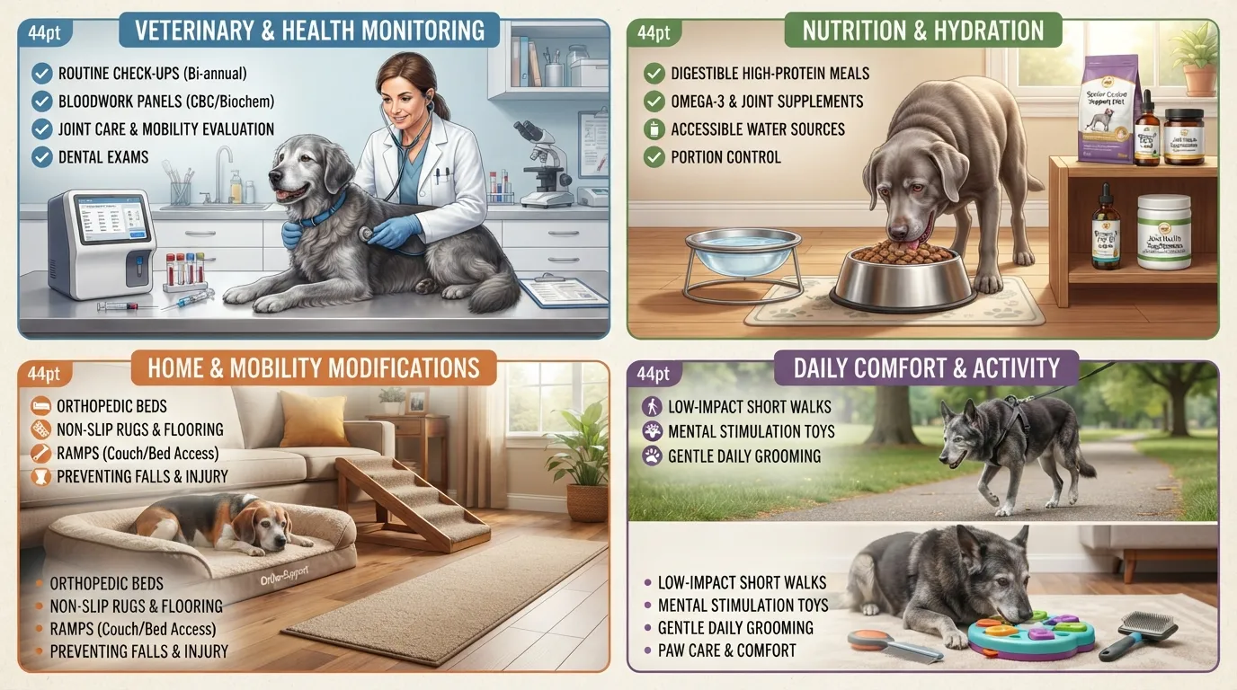 An infographic diagram showing key aspects of senior dog care, including routine vet checkups, joint health support, proper nutrition, home safety modifications, and comfort accessories for aging dogs.