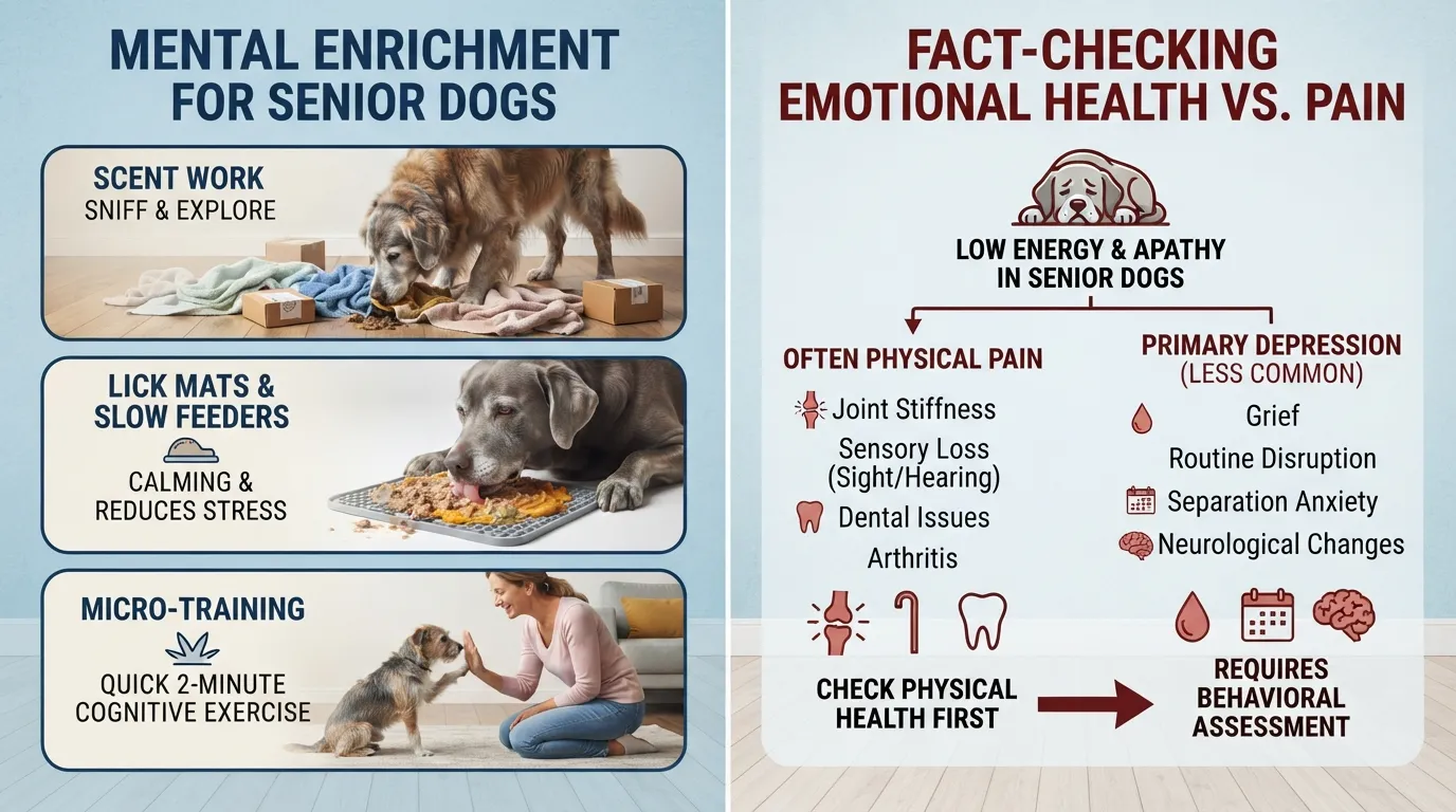 An informational visual chart showing senior dog mental stimulation ideas, including scent games, lick mats, short training sessions, and physical versus mental health signs.