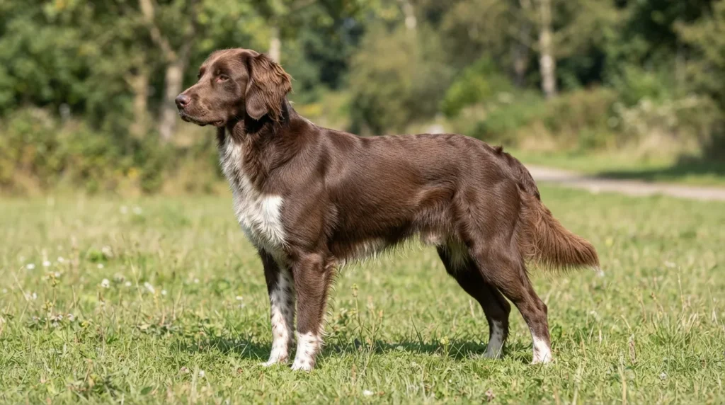Full-grown adult Springador showing average athletic build, dark double coat, and height proportions sitting outdoors.