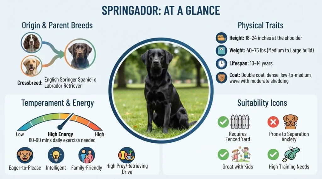 Comprehensive Springador breed facts infographic showing size, lifespan, coat type, energy levels, and parent breeds of the English Springer Spaniel Labrador mix