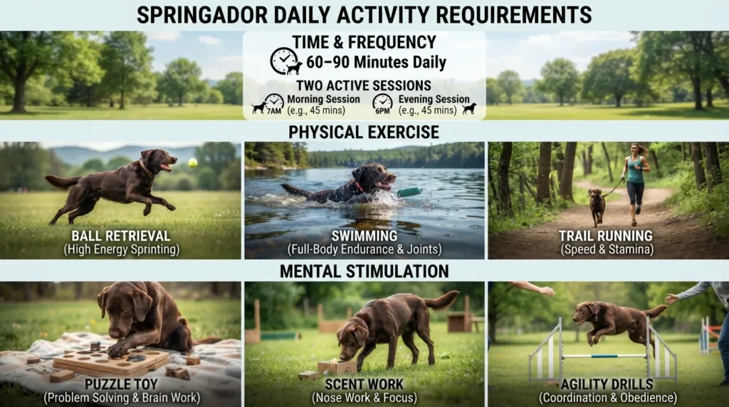 Infographic showing a Springador dog engaging in daily physical activities, fetch drills, and mental puzzle games for optimal health