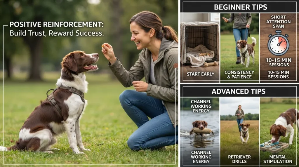 An active Springador dog responding to hand signals and positive reinforcement training outdoors with its owner.
