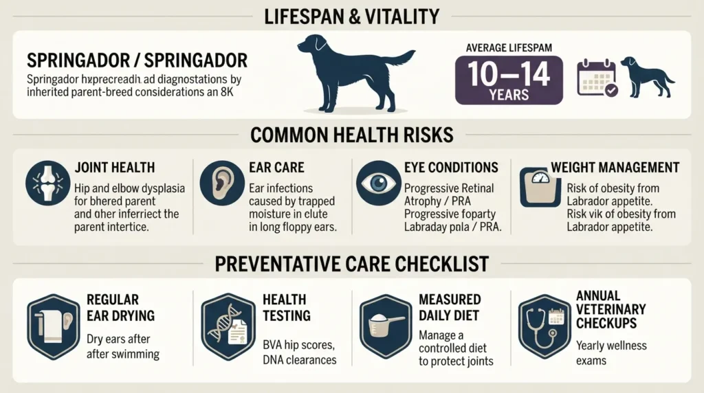 Infographic summarizing Springador average lifespan of 10 to 14 years, common parent-breed health risks like hip dysplasia and ear infections, and essential preventative care steps.