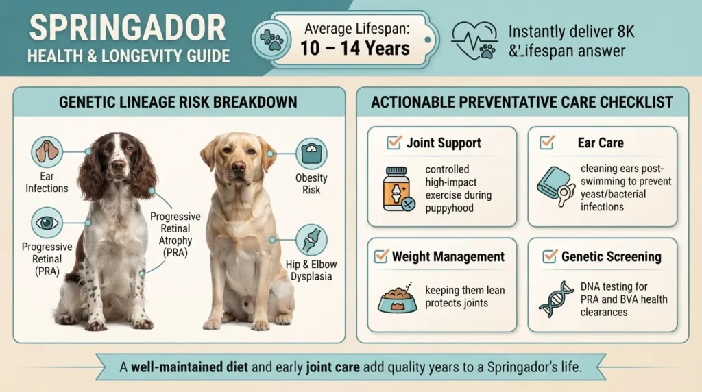 Infographic summarizing Springador dog health conditions, parent breed genetic risks, and average lifespan of 10 to 14 years.