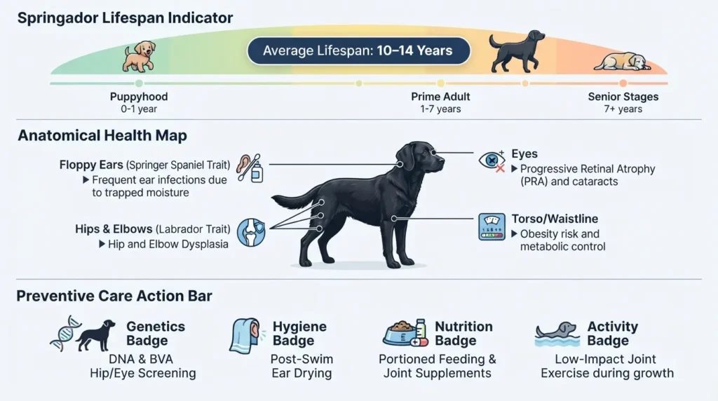 Infographic detailing the 10 to 14-year average lifespan of a Springador dog, outlining inherited health risks like hip dysplasia, ear infections, and eye conditions from Labrador and Springer Spaniel parents, paired with preventive care recommendations.