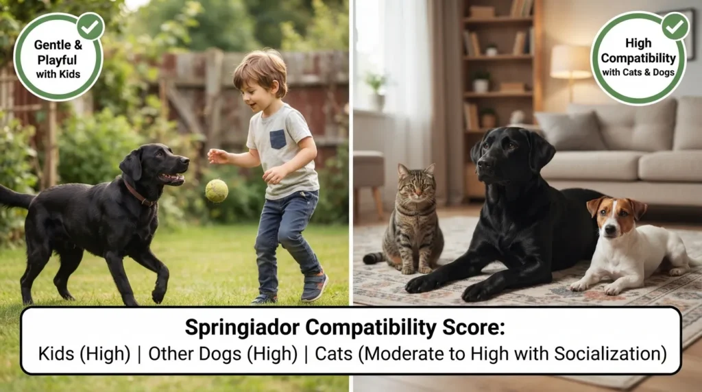 A friendly black Springador sitting calmly in a living room with a young child and a domestic cat.