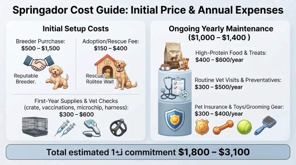 An infographic breakdown of Springador cost showing puppy purchase price, adoption fee, and annual expenses like food, vet visits, and gear.