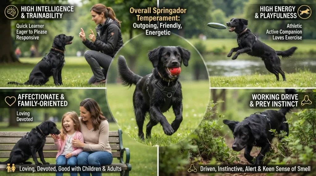 An alert, happy Springador dog sitting in an open outdoor field, demonstrating the breed's high energy, friendly temperament, and intelligent nature.