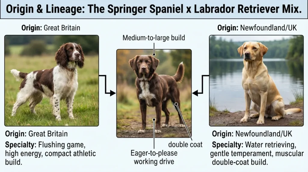 A visual diagram illustrating the origin of the Springador, showing an English Springer Spaniel and a Labrador Retriever combining to form the Springador crossbreed.