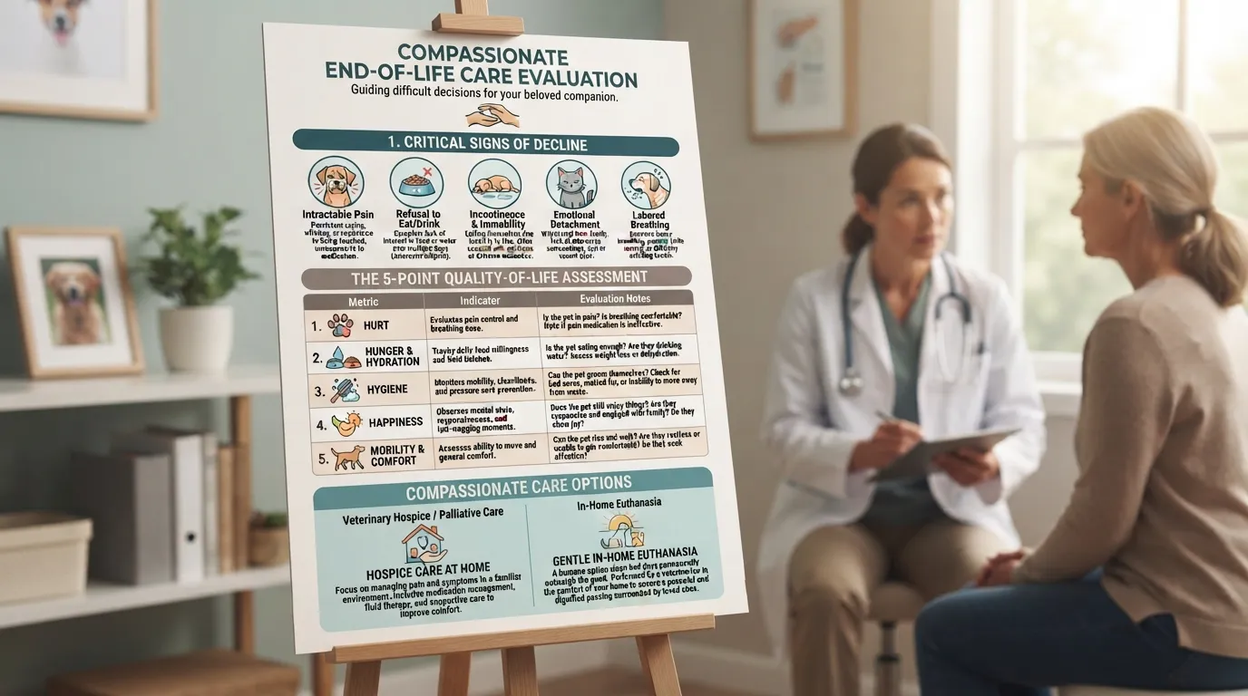 understanding-quality-of-life-end-of-life-care-senior-dog-guide An informational quality-of-life assessment chart for senior dogs, outlining key end-of-life indicators including pain management, appetite, hydration, mobility, and emotional wellbeing.