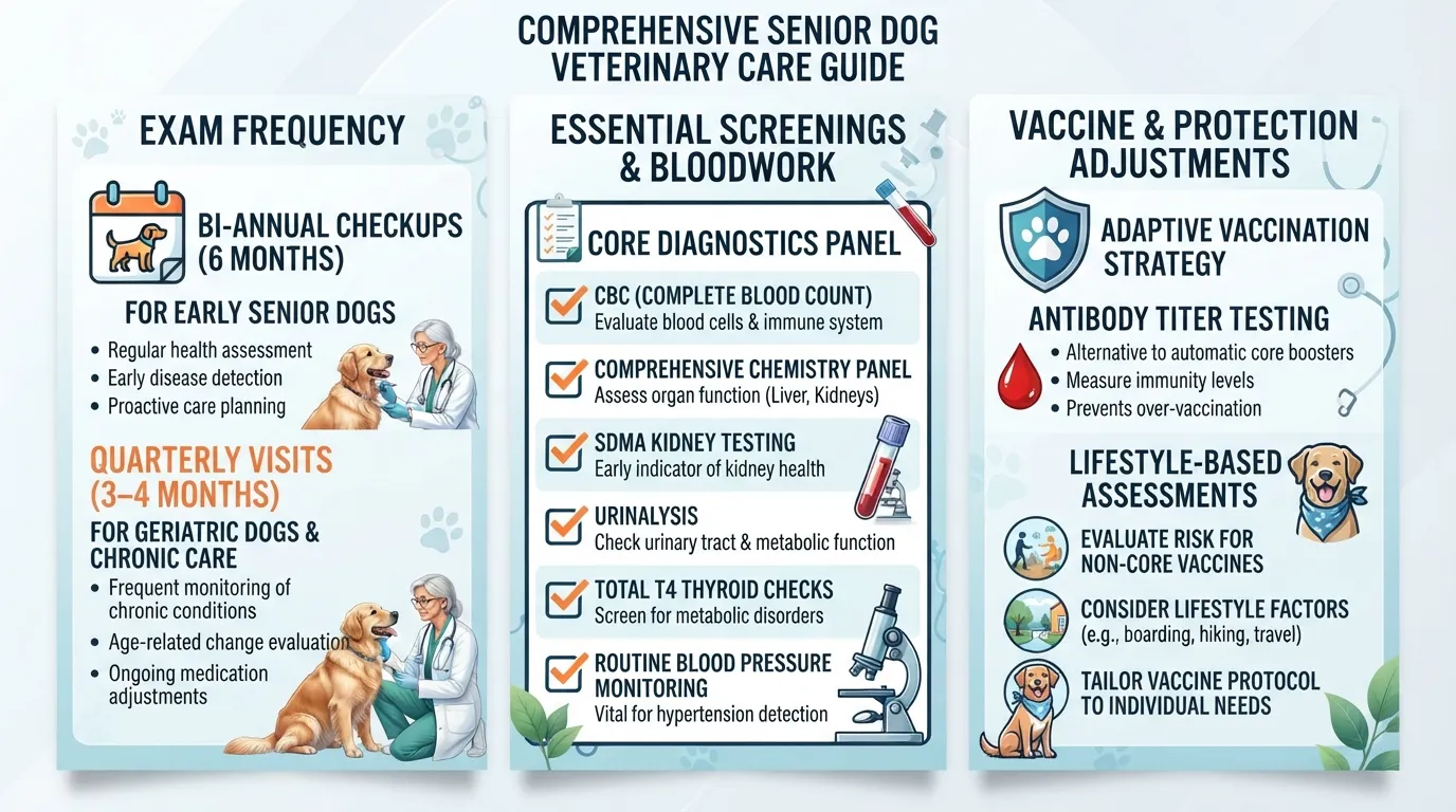An infographic displaying a vet care checklist for aging dogs, covering semi-annual checkup schedules, essential bloodwork panels, and customized vaccine protocols.
