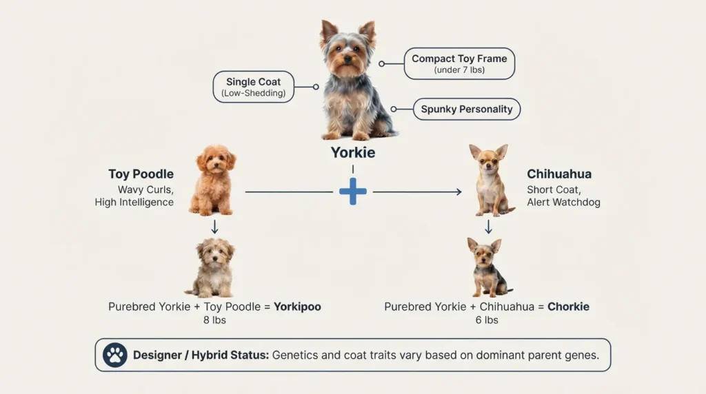 Side-by-side visual chart showing a purebred Yorkshire Terrier crossed with a Poodle and a Chihuahua to create hybrid Yorkipoo and Chorkie dogs, illustrating coat, size, and trait inheritance.