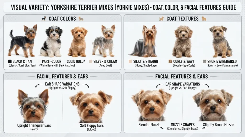 Visual visual guide comparing Yorkie mix coat colors including black and tan, parti-color, silver, and coat textures like silky, curly, and wirehaired.