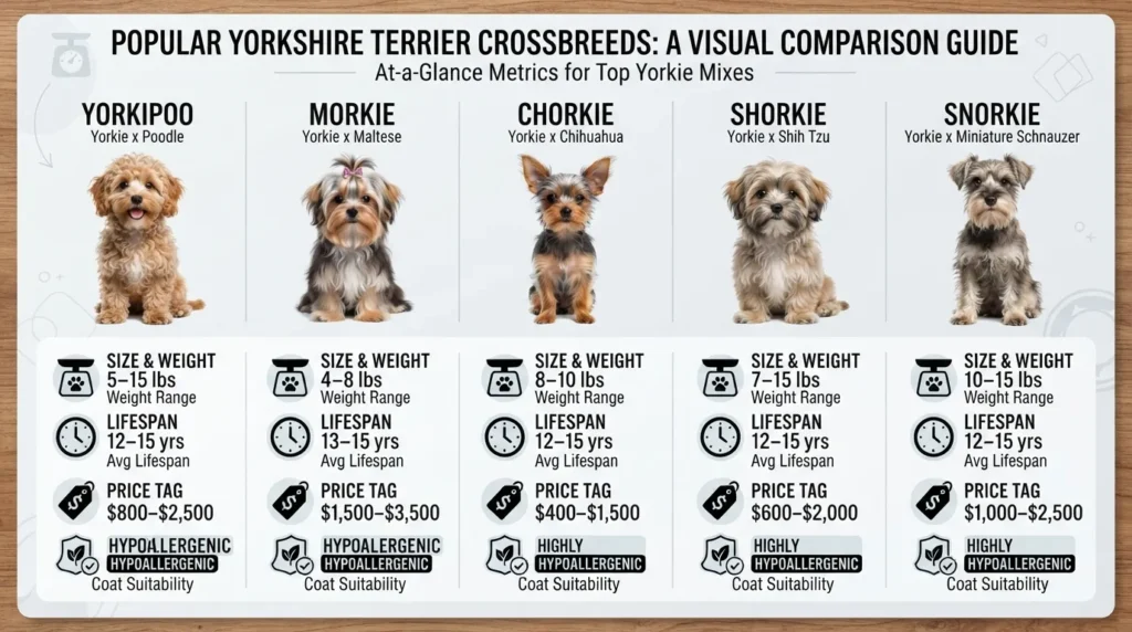 Comprehensive visual comparison chart of popular Yorkie mix breeds showing adult weight, height, average price, and lifespan for crossbreeds like Yorkipoo, Morkie, and Chorkie.