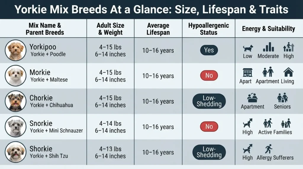 A clean, comprehensive comparison chart displaying popular Yorkie mix breeds with details on weight, height, lifespan, hypoallergenic status, energy level, and ideal home environments.