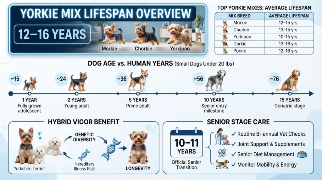 Informational visual chart showing the average 12-to-16-year lifespan of popular Yorkie mix breeds, small-dog aging stages, and human-year equivalents.
