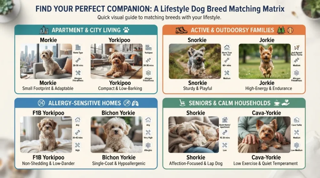 A visual comparison flowchart matching Yorkie mix breeds with owner lifestyles including apartment dwellers, allergy sufferers, active families, and seniors.