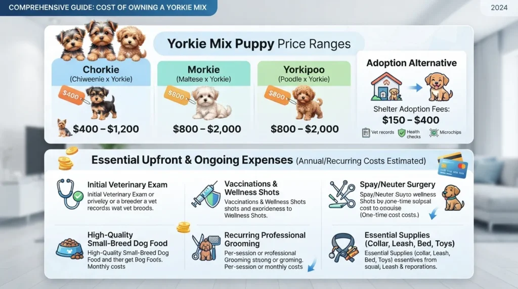 An infographic breakdown showing the average price ranges for popular Yorkie mix puppies, including ongoing monthly budget estimates for initial setup, food, and grooming.