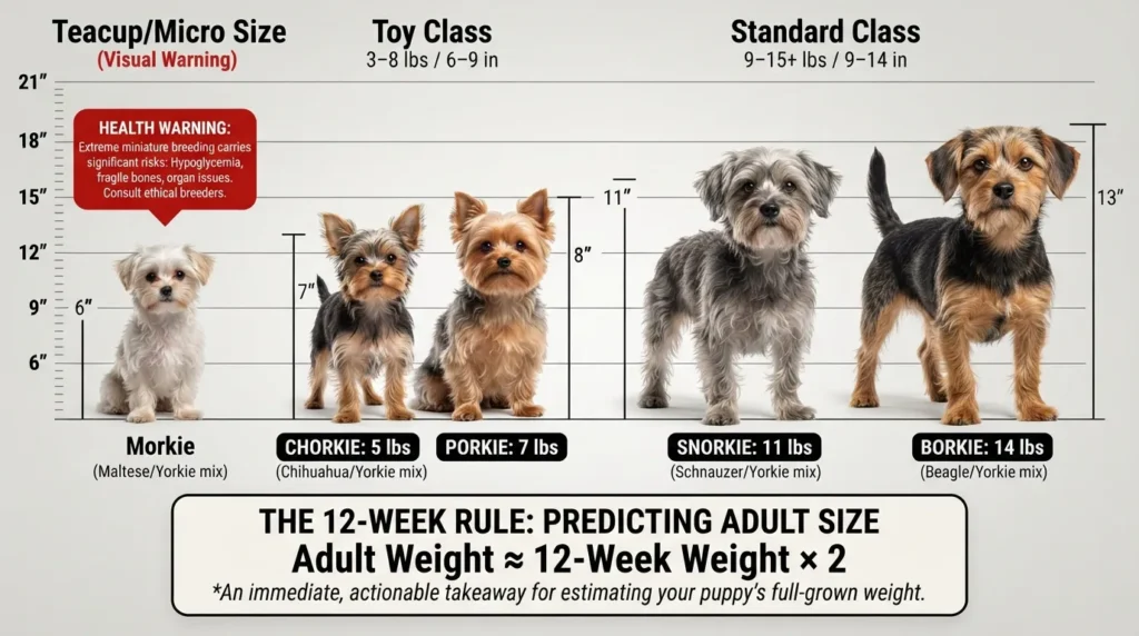Side-by-side adult size and weight breakdown chart comparing popular Toy and Standard Yorkie mixes.