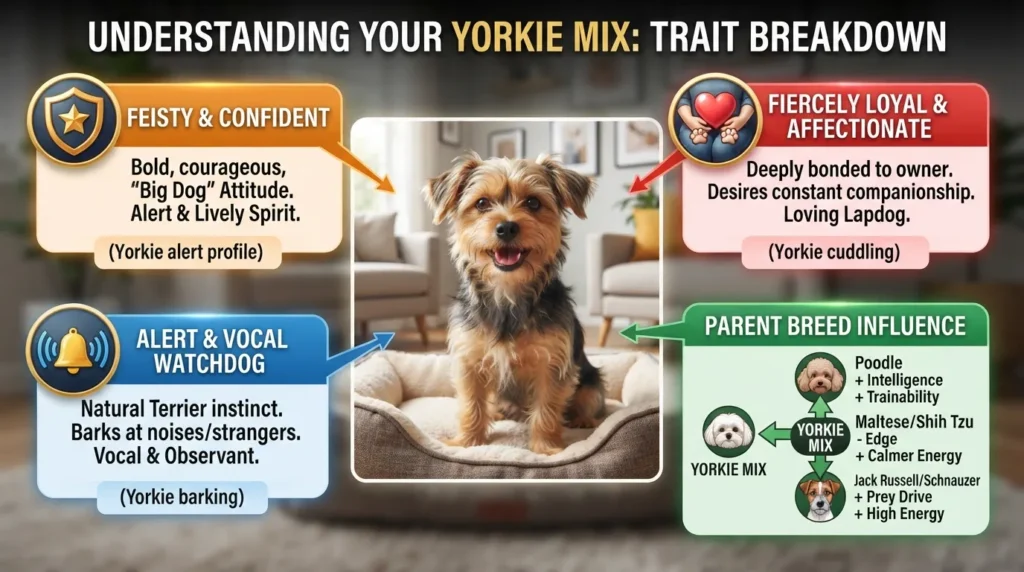 An infographic chart illustrating core Yorkie mix temperament traits, including high intelligence, loyal affection, alert watchdog instincts, and energetic playfulness.