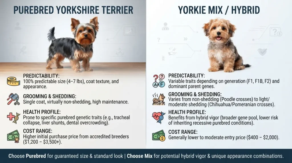 Side-by-side comparison chart showing key differences between a Yorkie mix and a purebred Yorkshire Terrier in size, health, coat traits, and price.